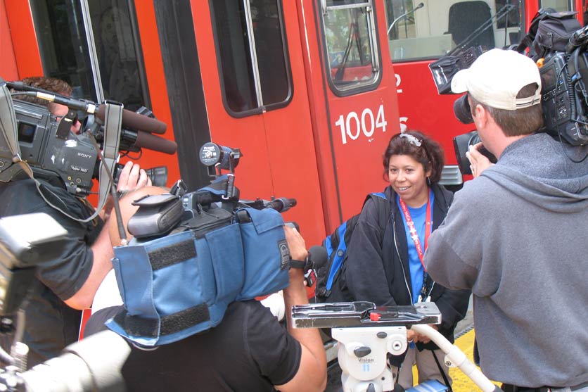 A record breaking rider being interviewed.