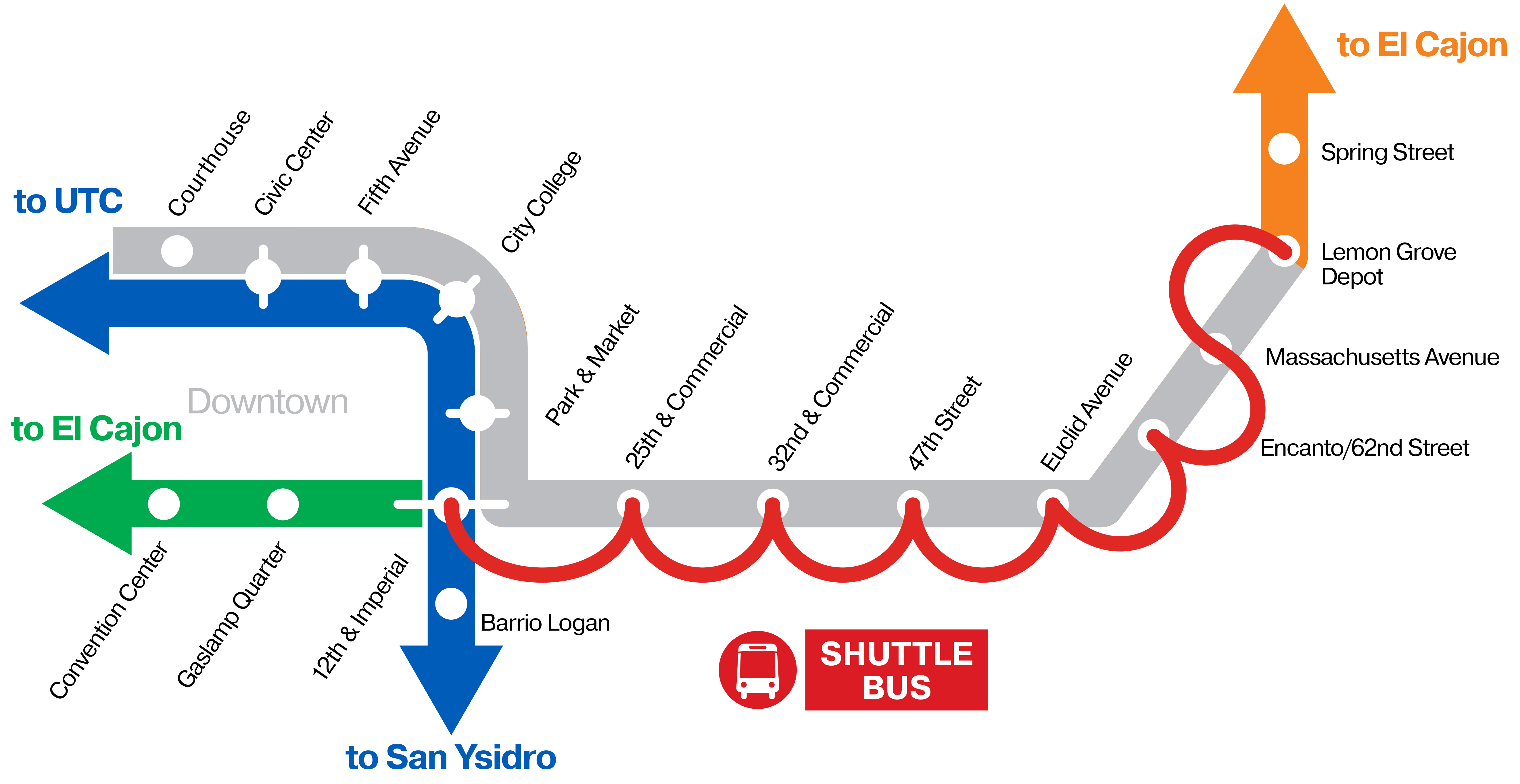 Orange Line Closure Map shows closures on the Orange Line Trolley between Lemon Grove Depot and 12th and Imperial