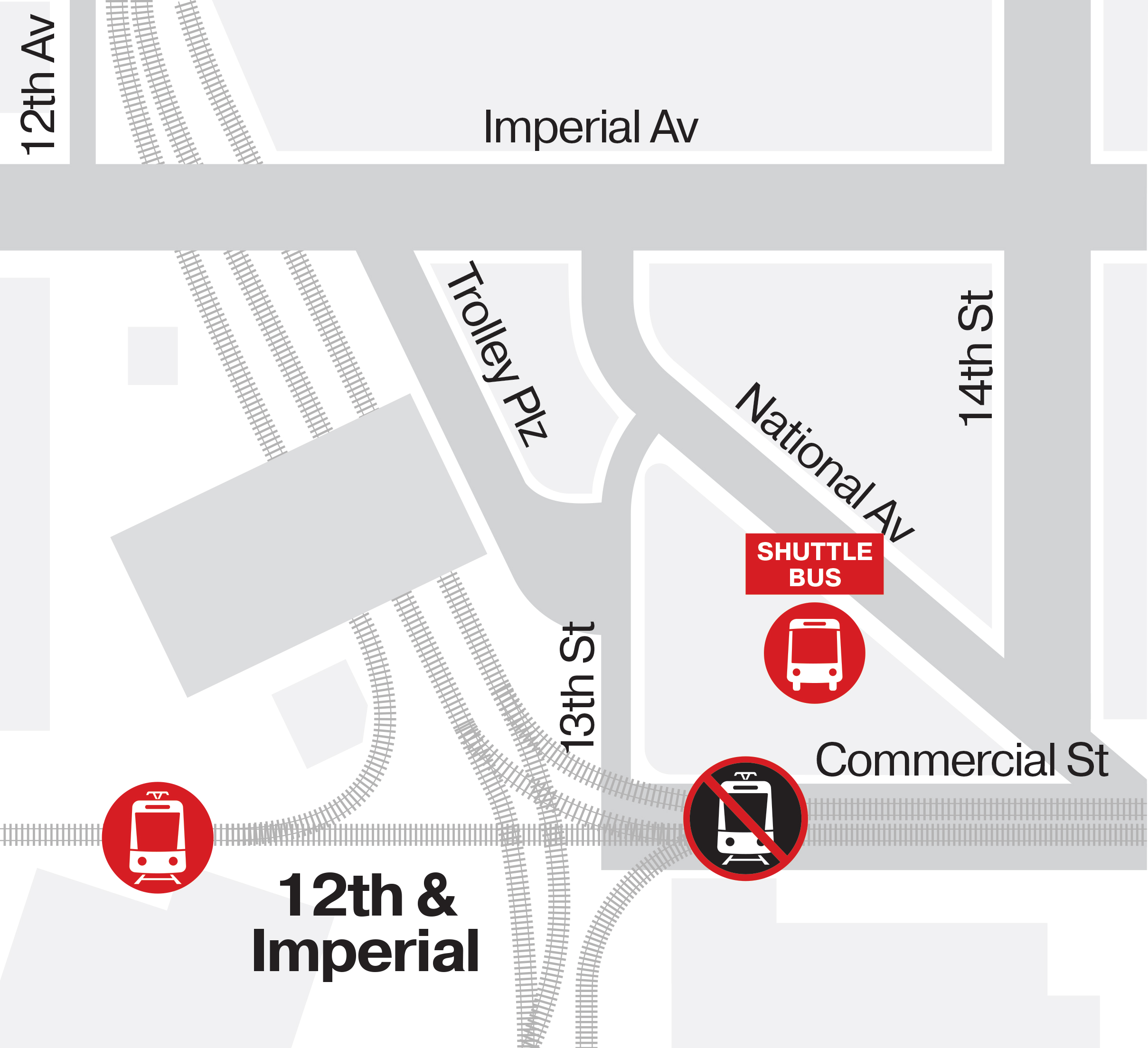 Grayscale transit map of 12th & Imperial, marking trolley tracks, nearby streets, and red icons for the shuttle bus and trolley stops.