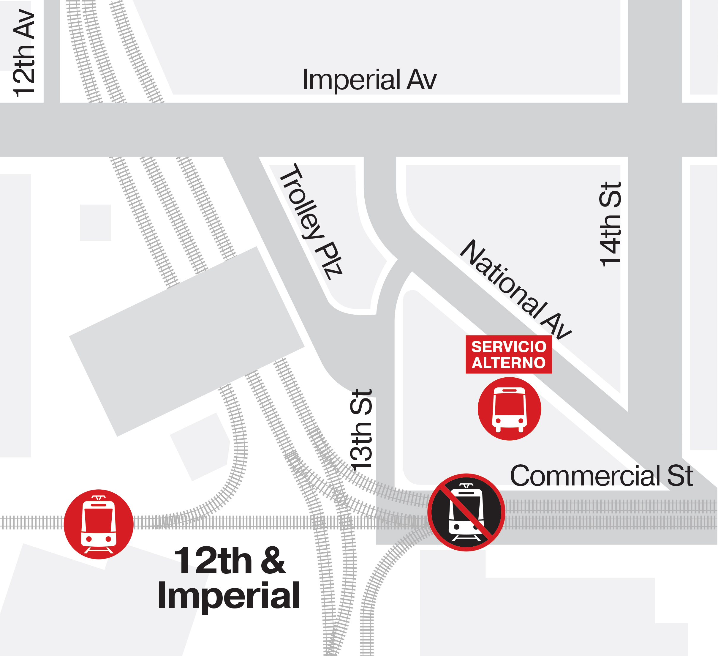Grayscale transit map of 12th & Imperial , marking trolley tracks, nearby streets, and red icons for the shuttle bus and trolley stops.