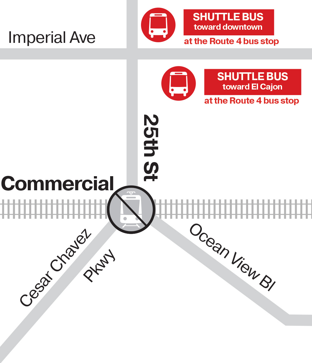 Grayscale transit map of 25th & Commercial, marking trolley tracks, nearby streets, and red icons for the shuttle bus and trolley stops.