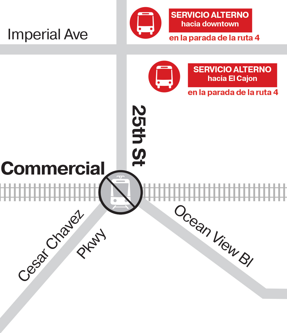 Grayscale transit map of 25th & Commercial, marking trolley tracks, nearby streets, and red icons for the shuttle bus and trolley stops.
