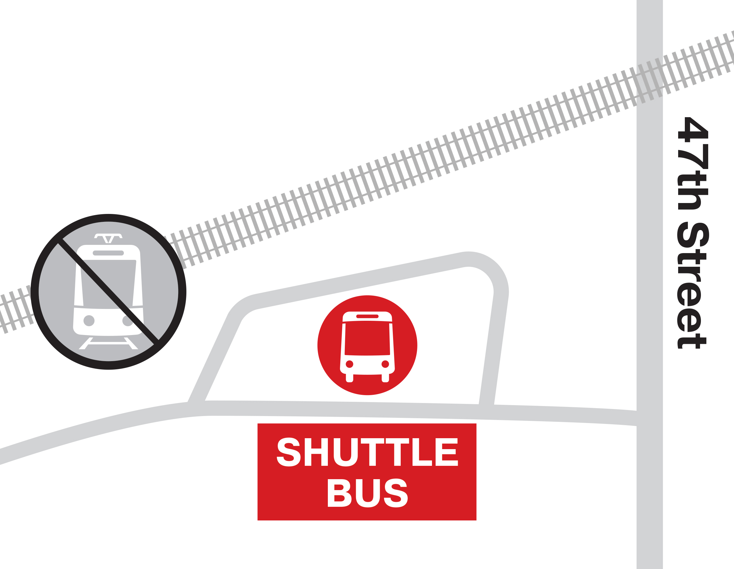 Grayscale transit map of 47th Street, marking trolley tracks, nearby streets, and red icons for the shuttle bus and trolley stops.