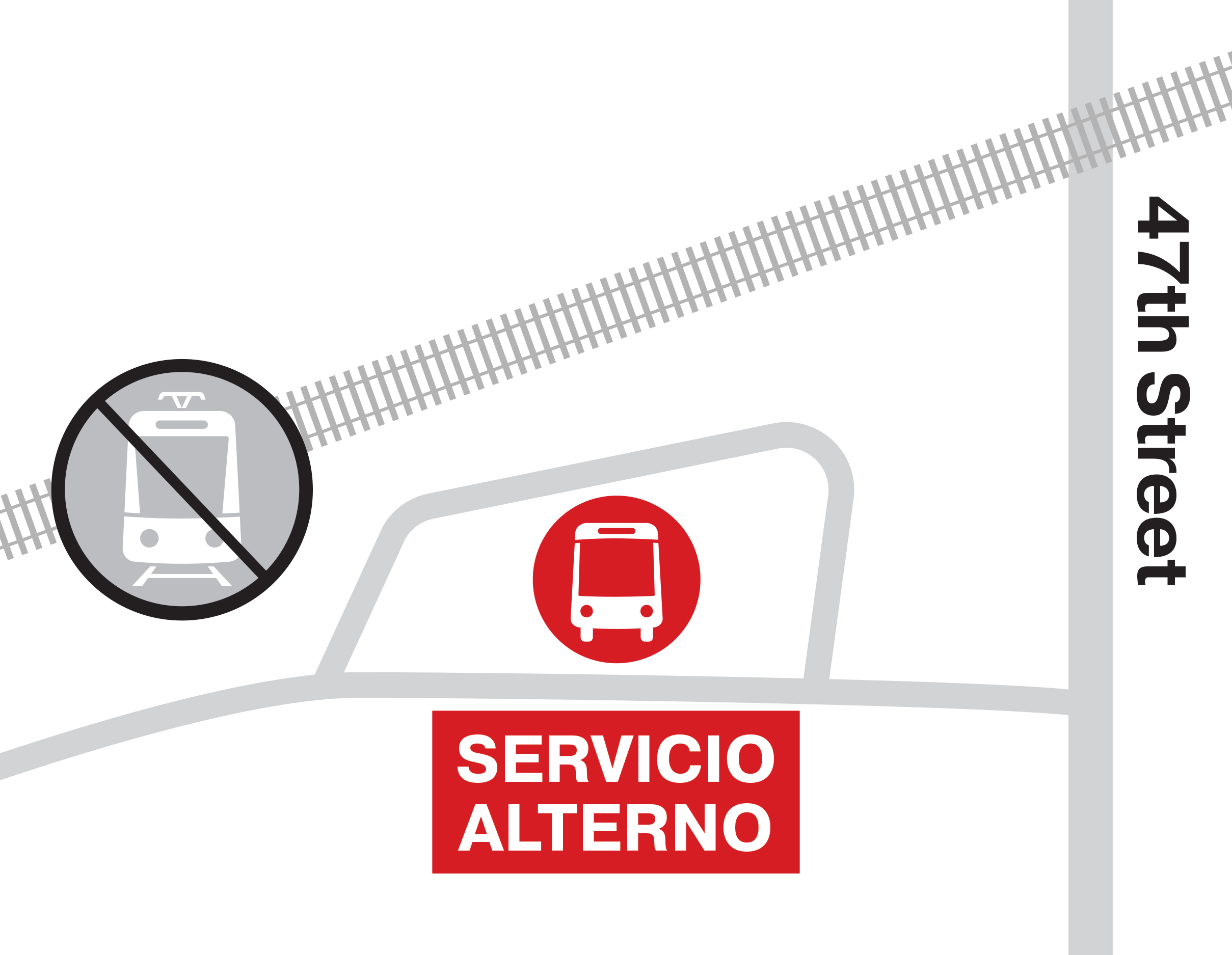 Grayscale transit map of 47th St, marking trolley tracks, nearby streets, and red icons for the shuttle bus and trolley stops.