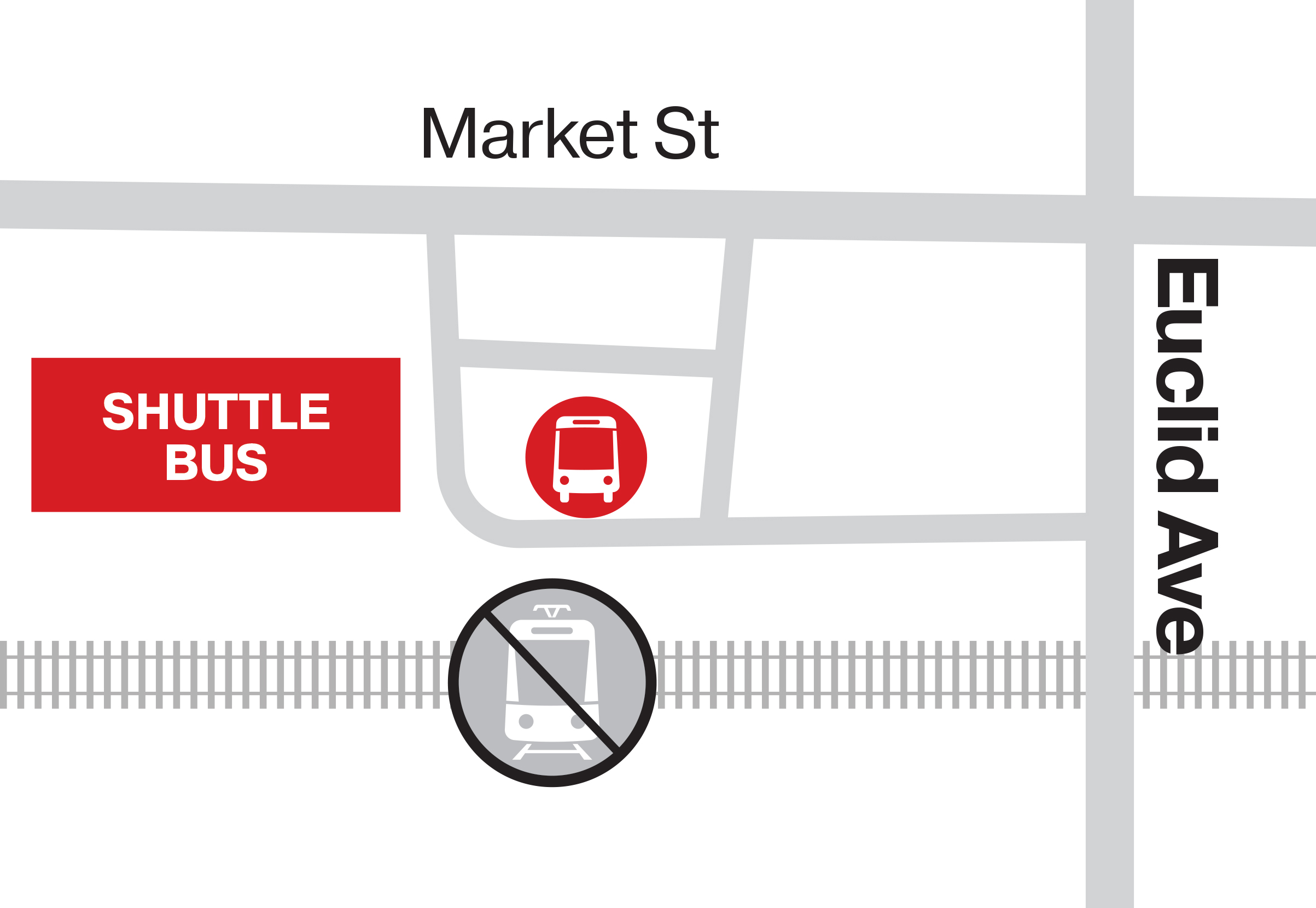 Grayscale transit map of Euclid Ave, marking trolley tracks, nearby streets, and red icons for the shuttle bus and trolley stops.