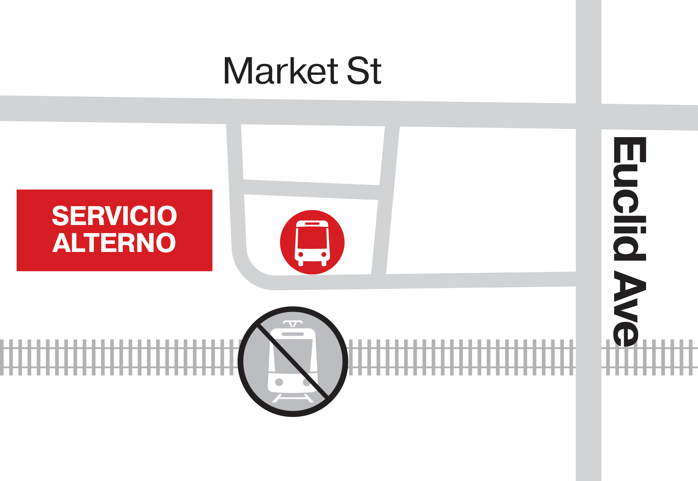 Grayscale transit map of Euclid Ave, marking trolley tracks, nearby streets, and red icons for the shuttle bus and trolley stops.