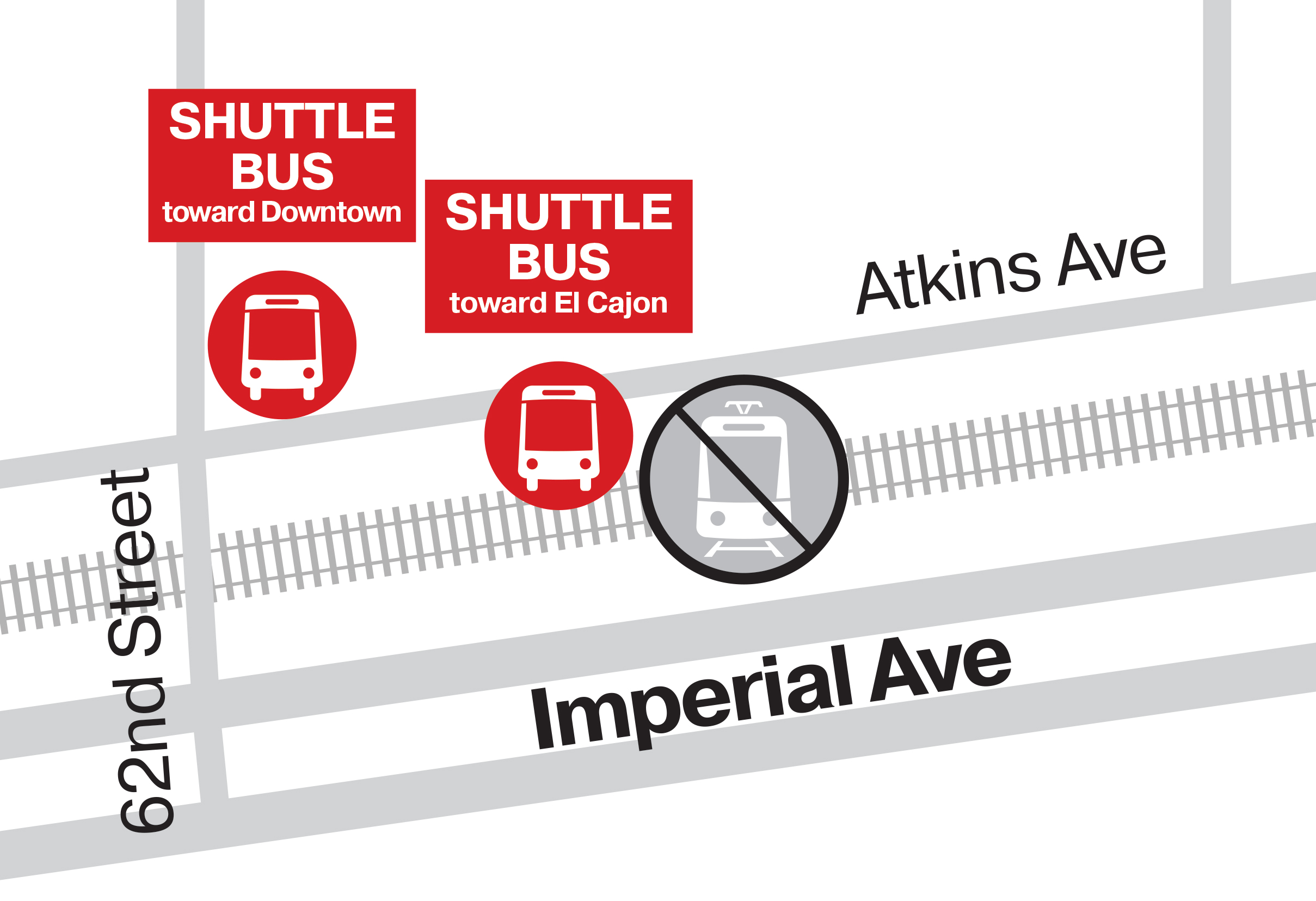 Grayscale transit map of Encanto/62nd Street, marking trolley tracks, nearby streets, and red icons for the shuttle bus and trolley stops.
