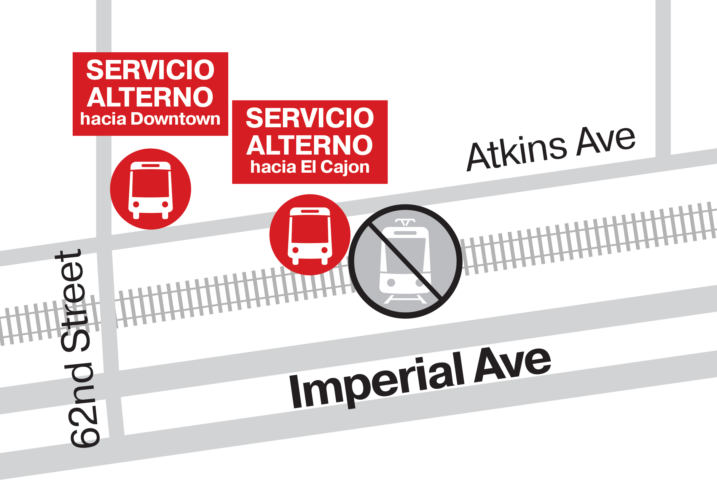 Grayscale transit map of Encanto/62nd St, marking trolley tracks, nearby streets, and red icons for the shuttle bus and trolley stops.