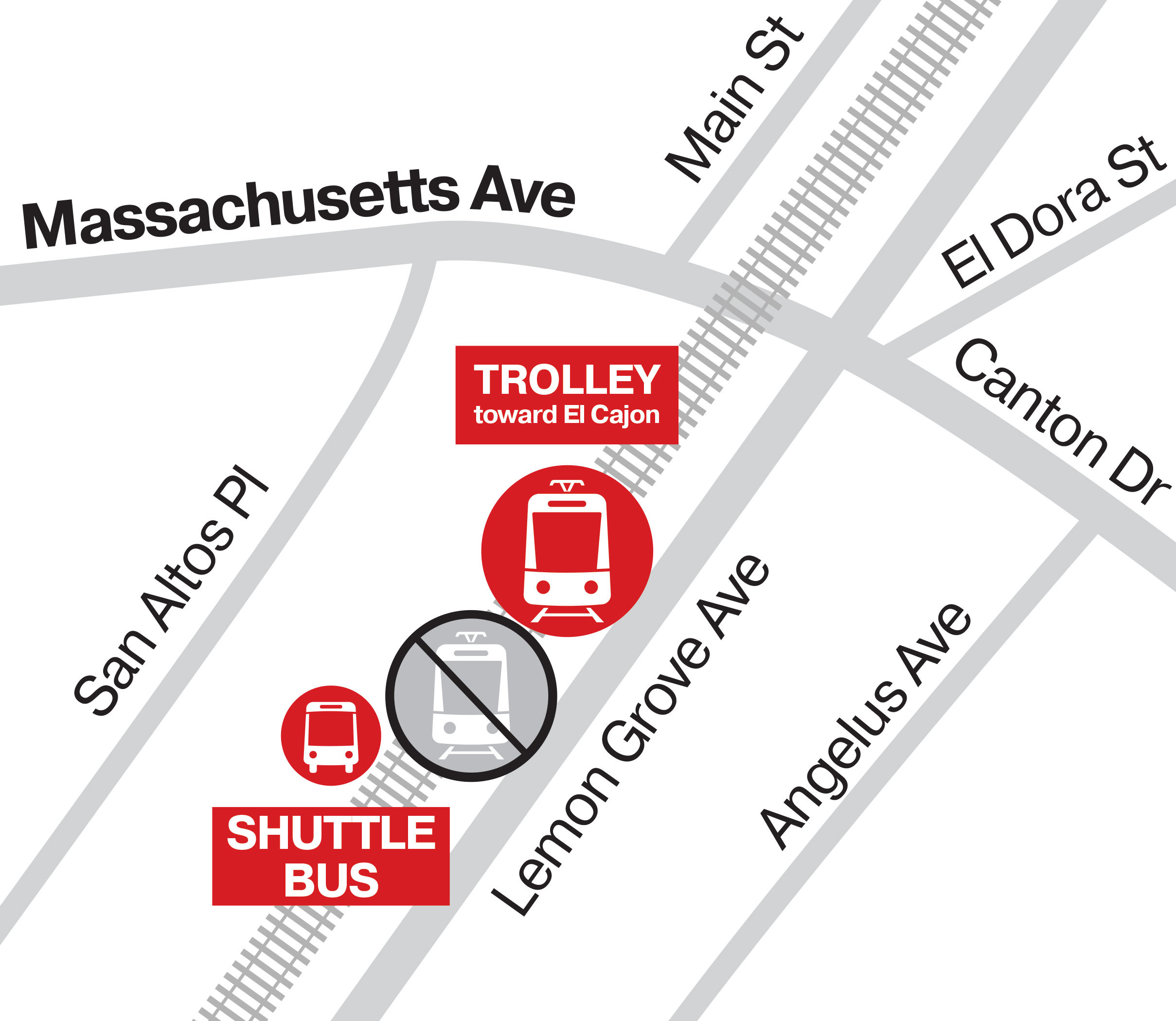 Grayscale transit map of Massachusetts Ave, marking trolley tracks, nearby streets, and red icons for the shuttle bus and trolley stops.
