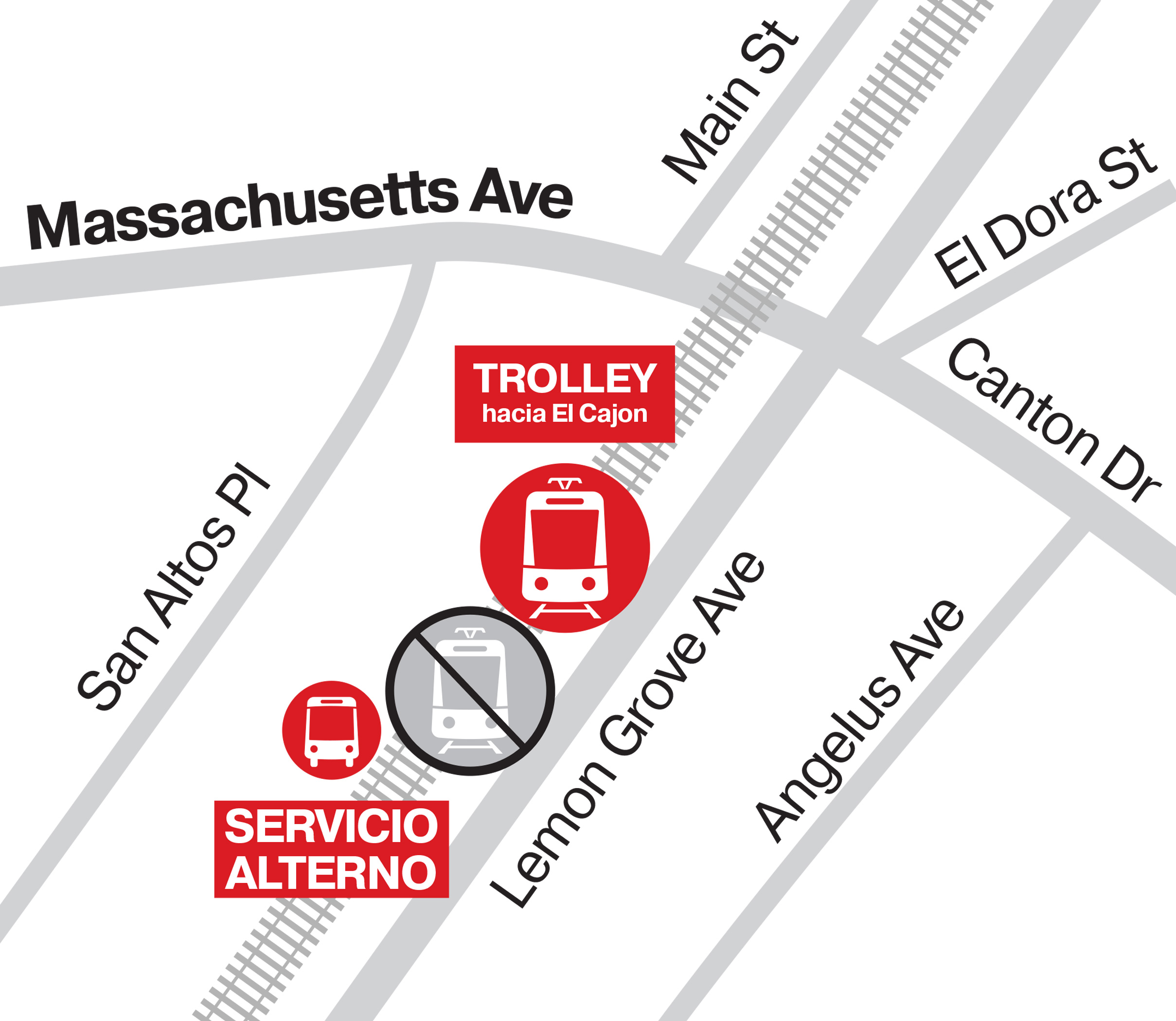 Grayscale transit map of Massachusetts Ave, marking trolley tracks, nearby streets, and red icons for the shuttle bus and trolley stops.