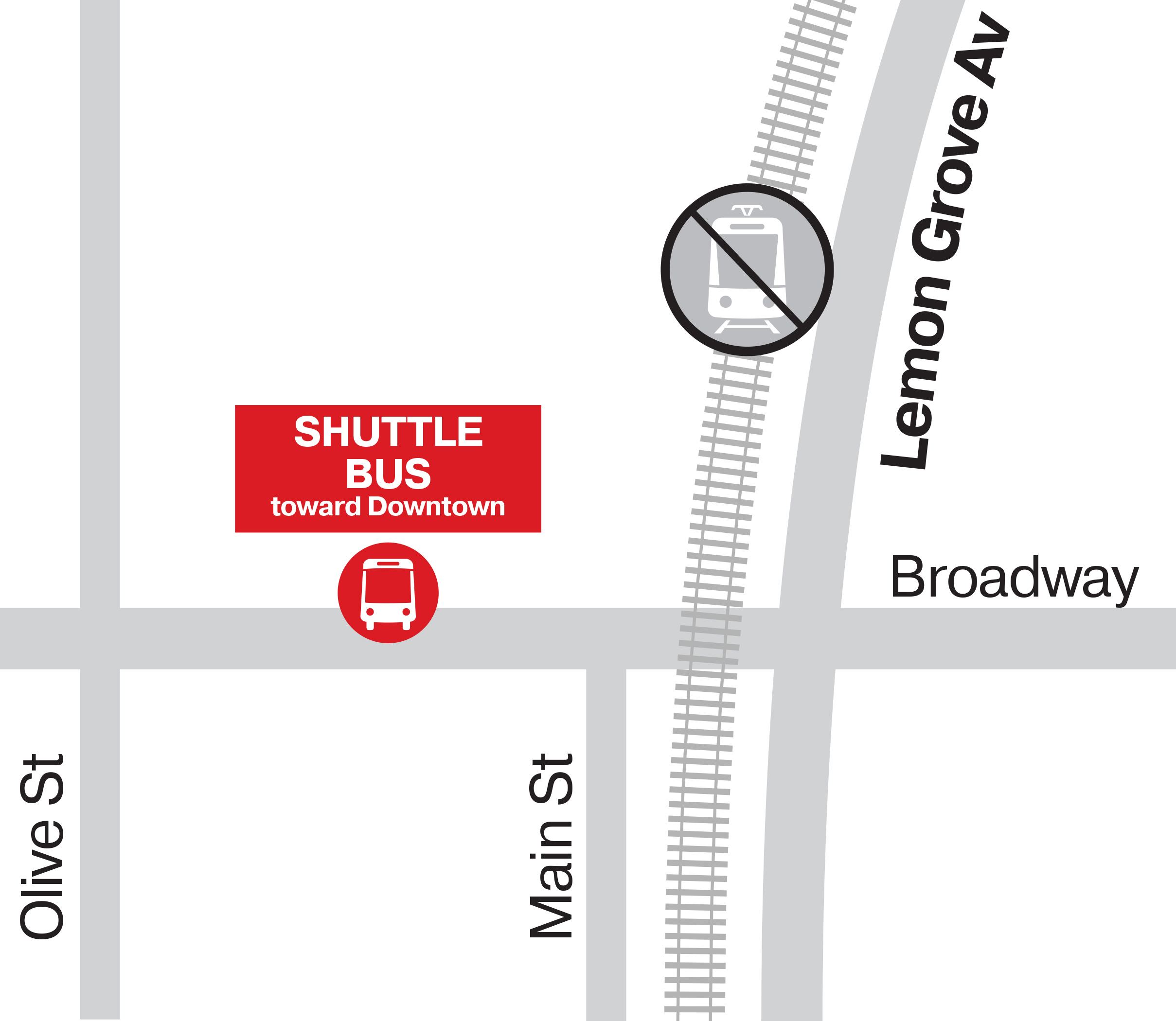 Grayscale transit map of Lemon Grove Depot, marking trolley tracks, nearby streets, and red icons for the shuttle bus and trolley stops.