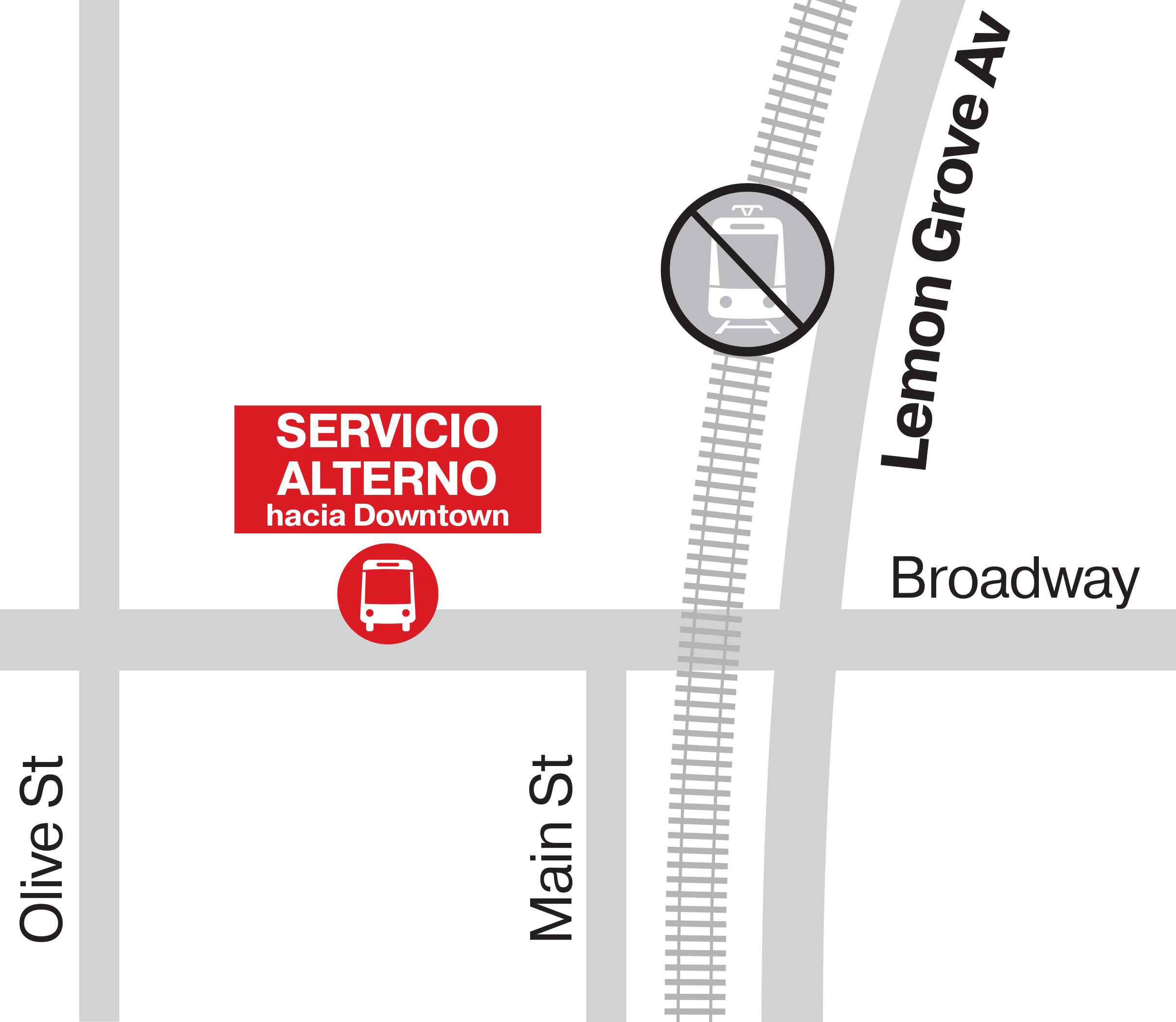 Grayscale transit map of Lemon Grove Depot, marking trolley tracks, nearby streets, and red icons for the shuttle bus and trolley stops.