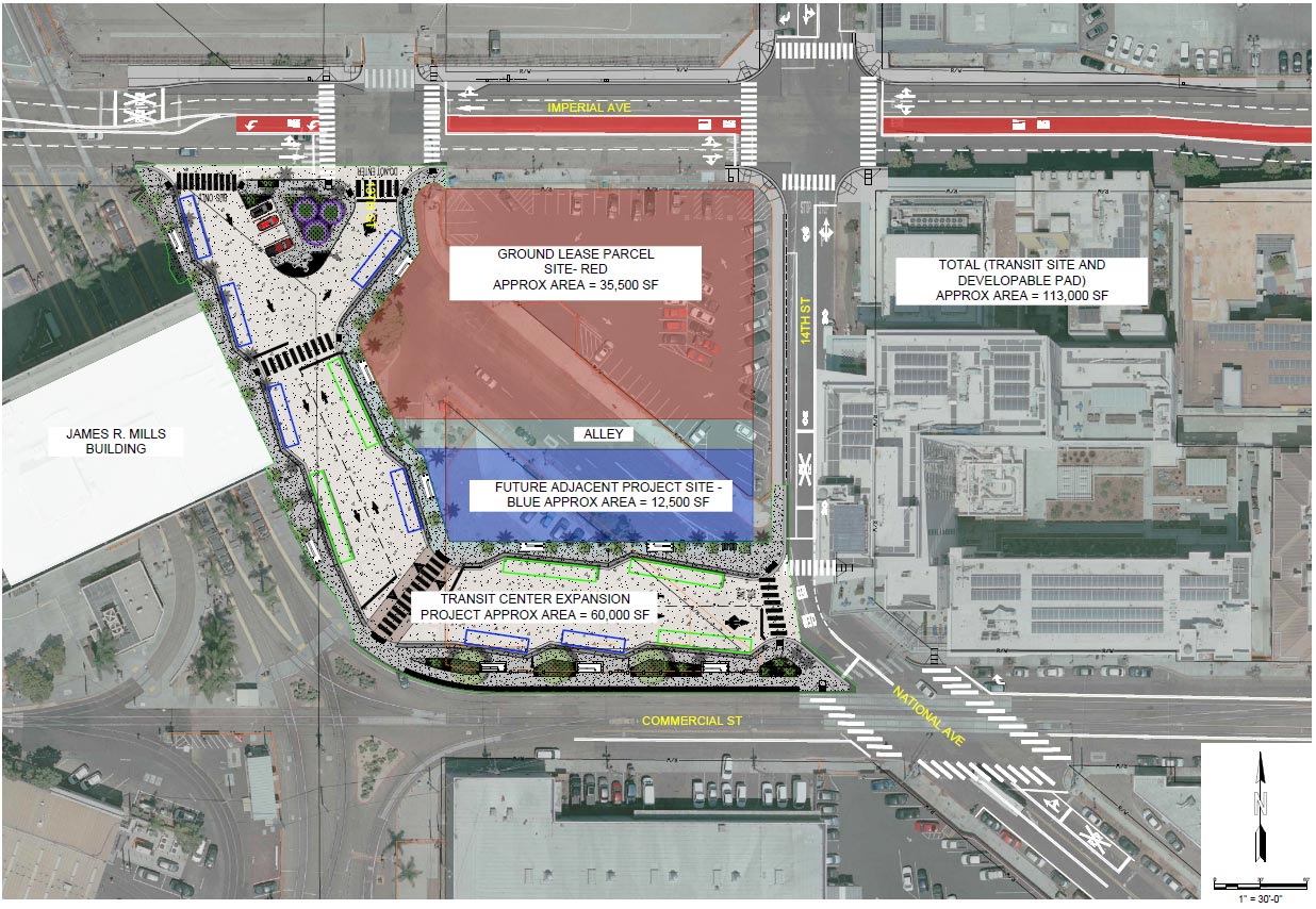 After construction of the Transit Center Expansion Project, the remainder parcel will be available for a TOD project, as shown in the following site diagram.