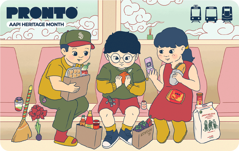 AAPI Heritage Month PRONTO Card Artwork featuring three kids riding the Trolley