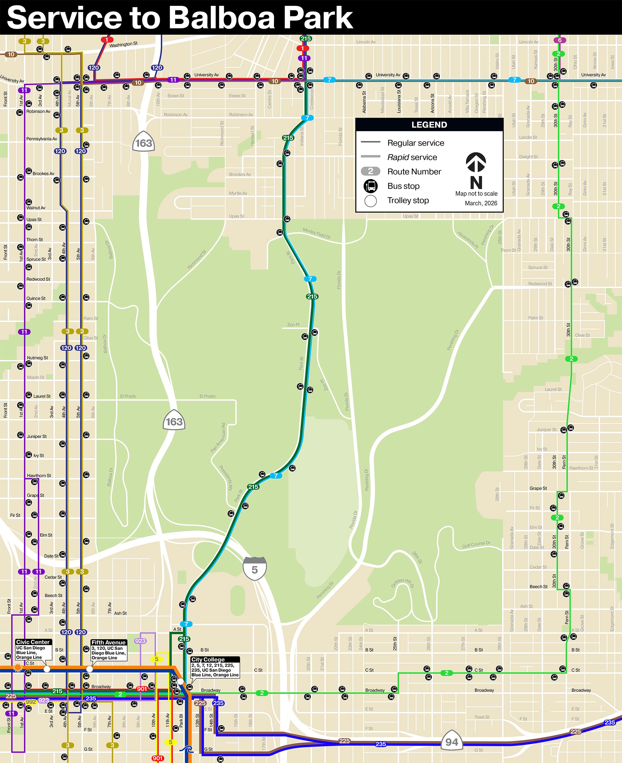 Map of bus routes around Balboa Park