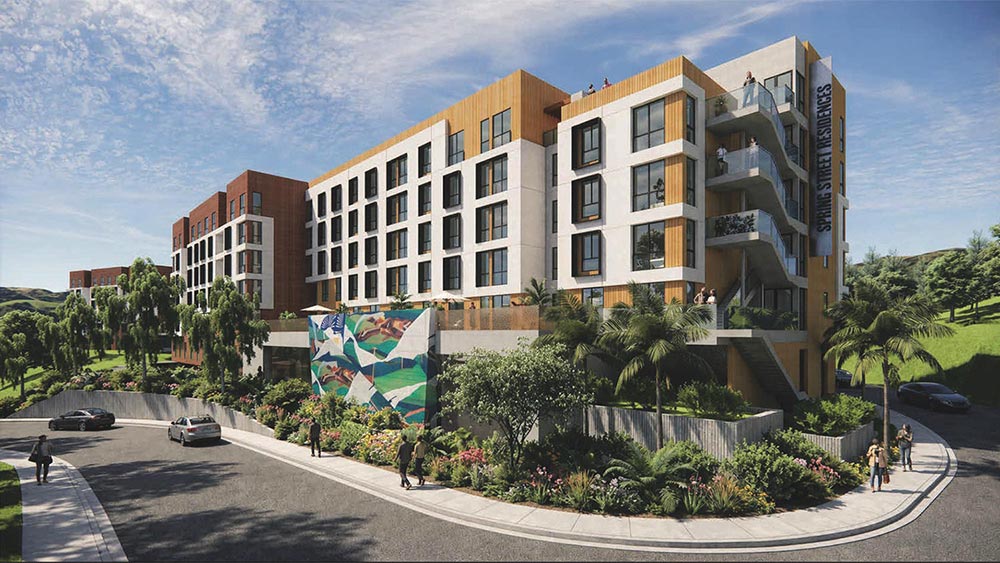 Rendering of a 5 story building with a curved road in front