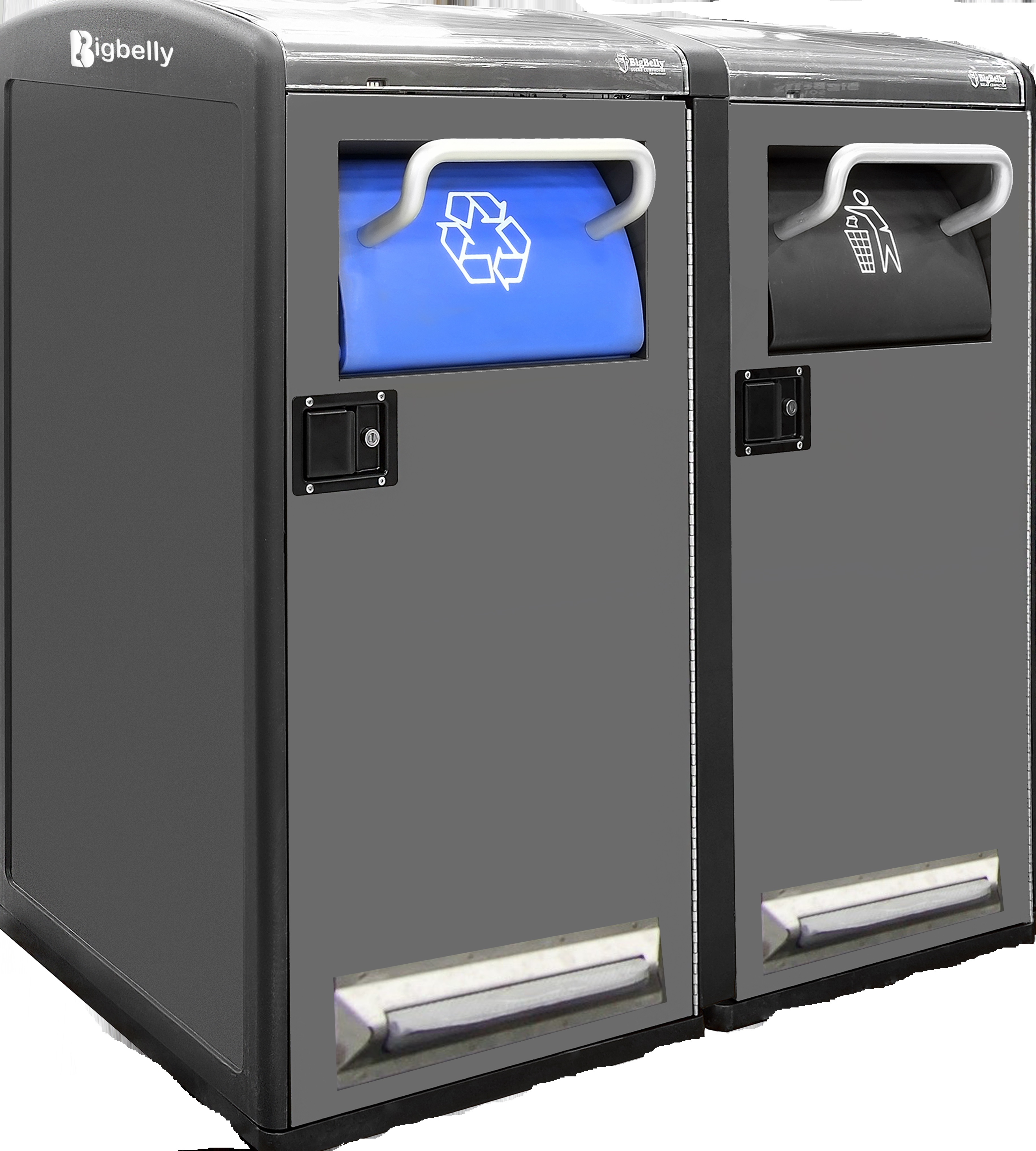 Side by side large enclosed trash and recycling bins
