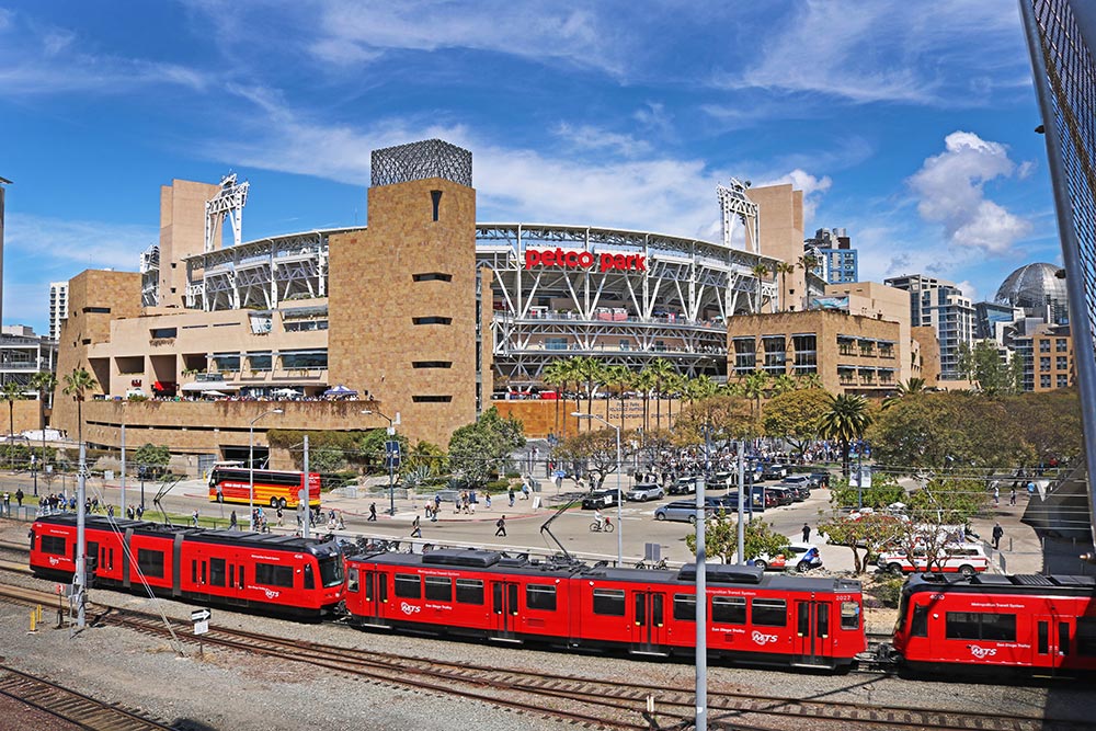 Trolley in front of Petco Park