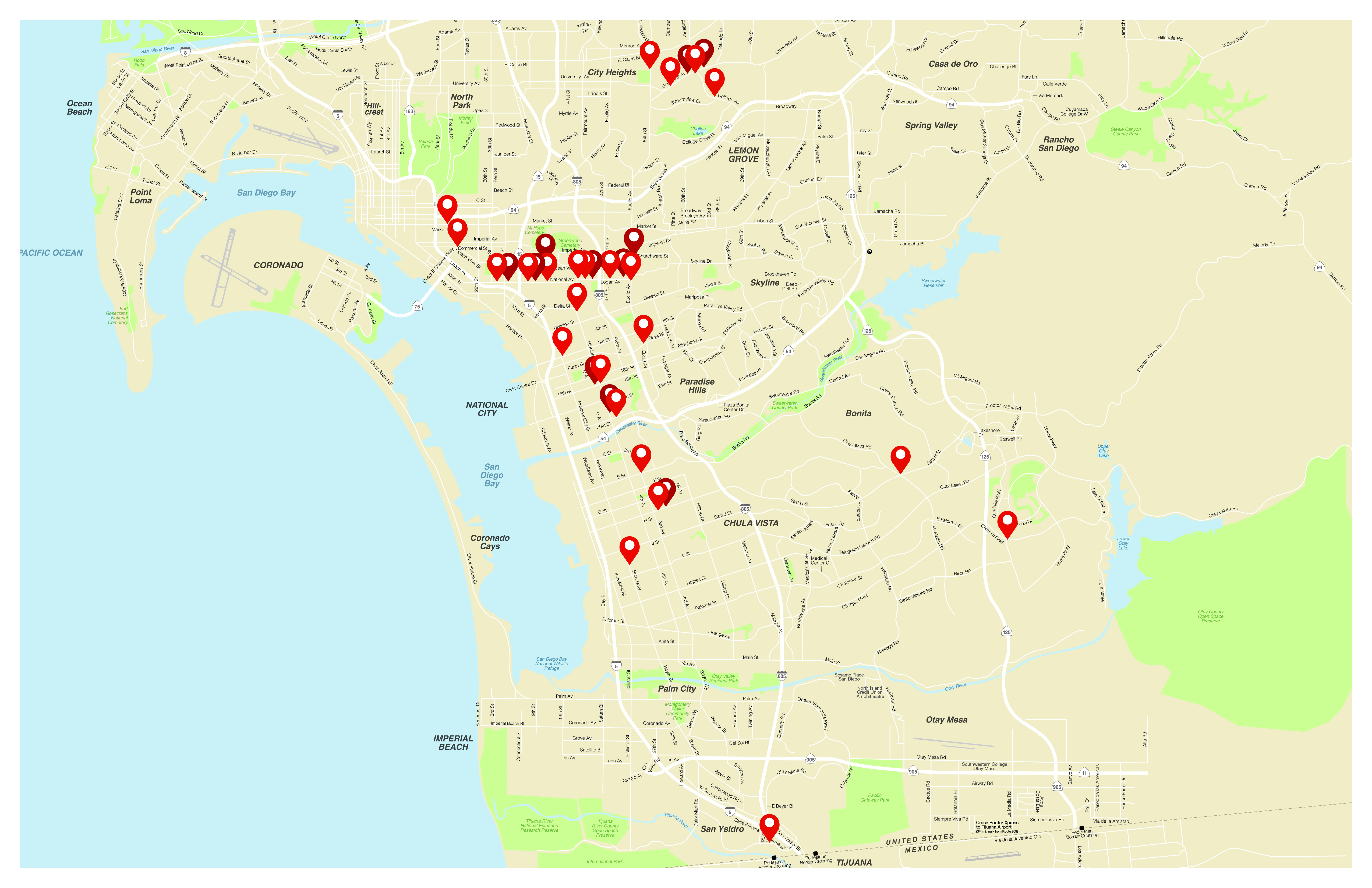 Map of San Diego region with pins showing proposed locations for new bus stop shelters