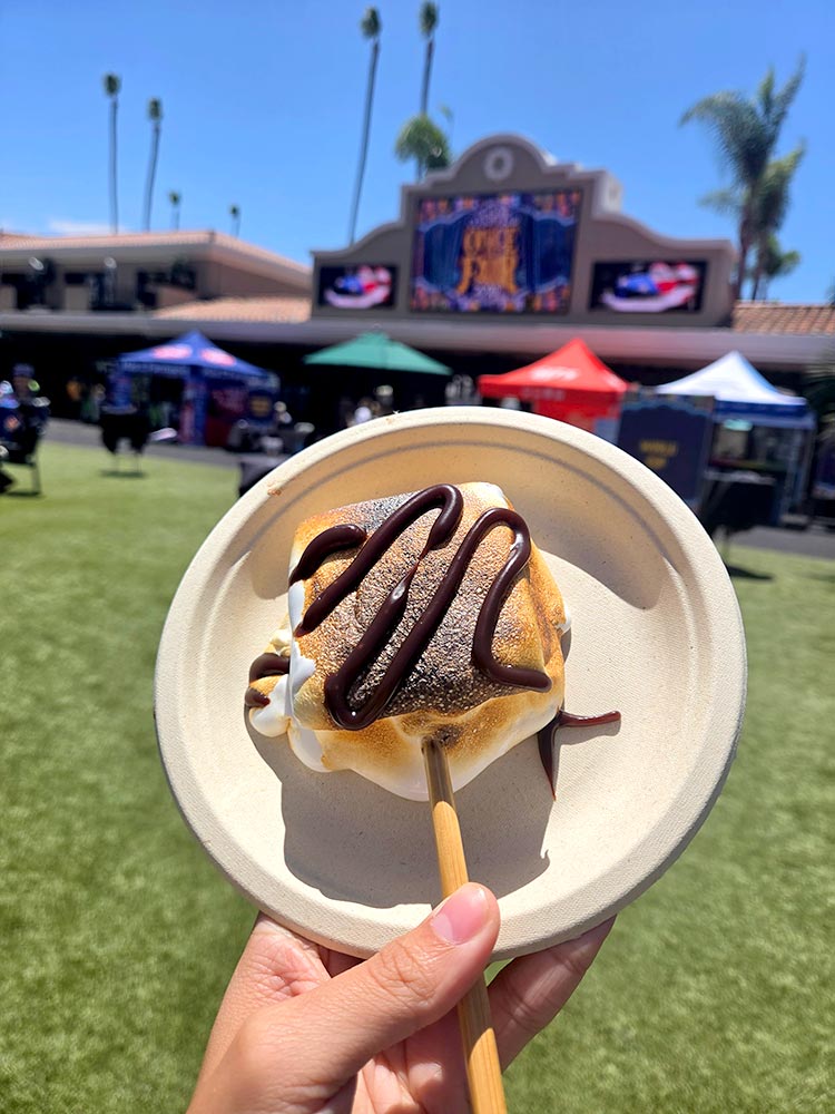 A small round plate being held in a hand with a marshmallow that is toasted brown with a drizzle of chocolate sauce. Background shows grass and tents and the sky.
