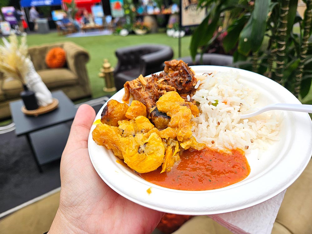 Plate of food with sauce, rice, fried plantains, and chicken. Couch and chairs in the background.