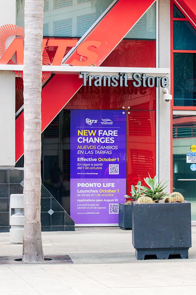 New Fare Changes banner in the window at the Transit Store