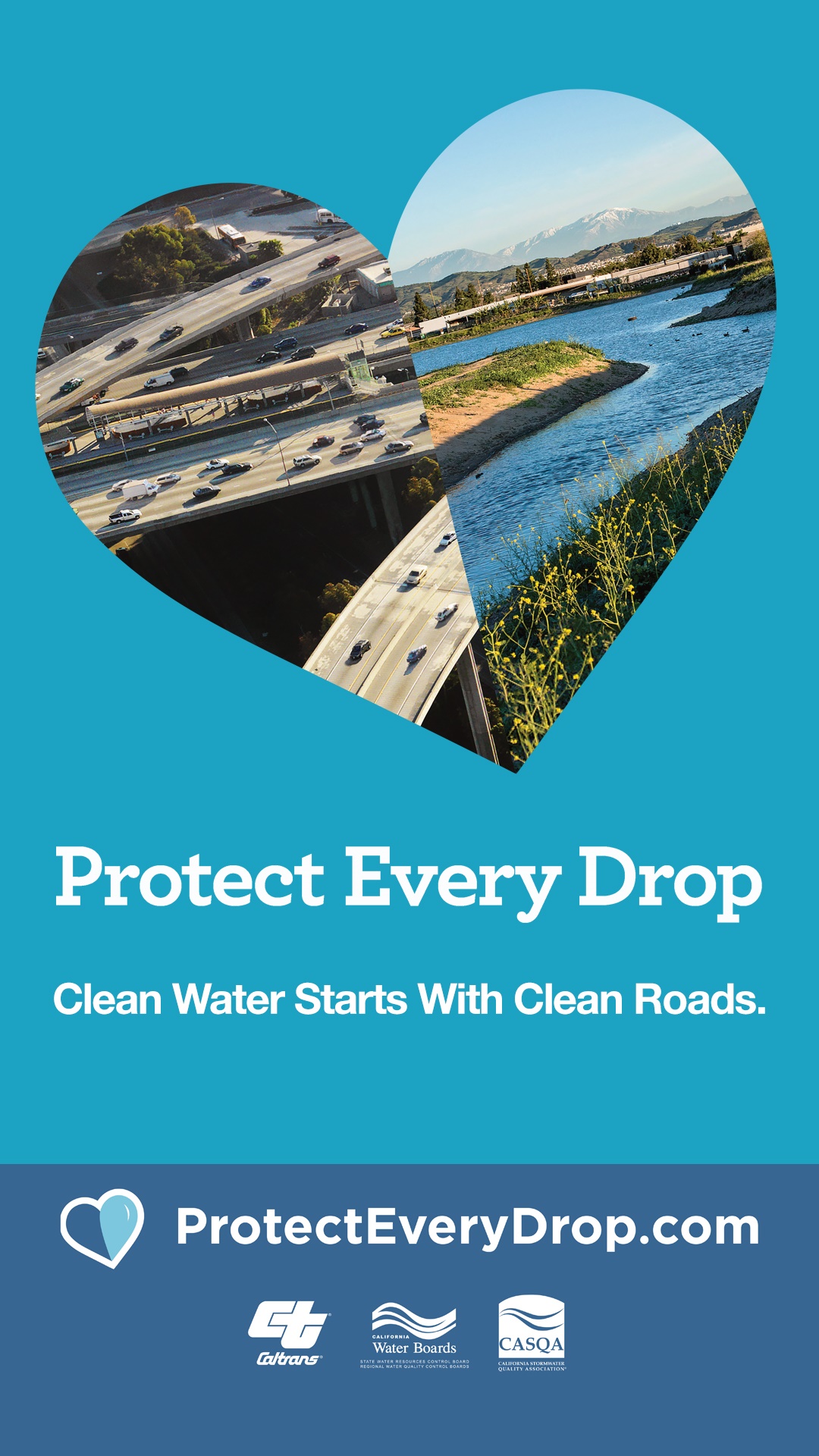 heart with water and road images, text reads clean water starts with clean roads