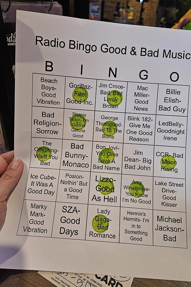 Bingo card with names of song titles