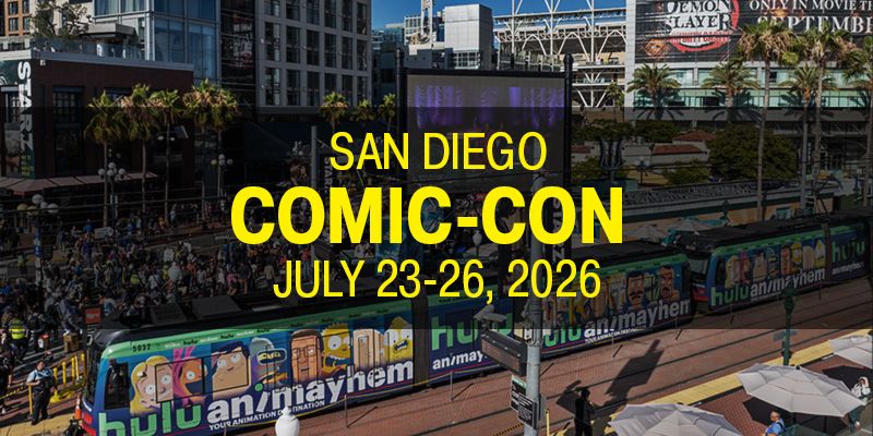 San Diego Comic-Con July 23-26, 2026. Trolley on the tracks with "Hulu Animayhem" wrapped on the Trolley with graphics of cartoon characters. A crowd in the background at Gaslamp Quarter station with Petco Park in the background.