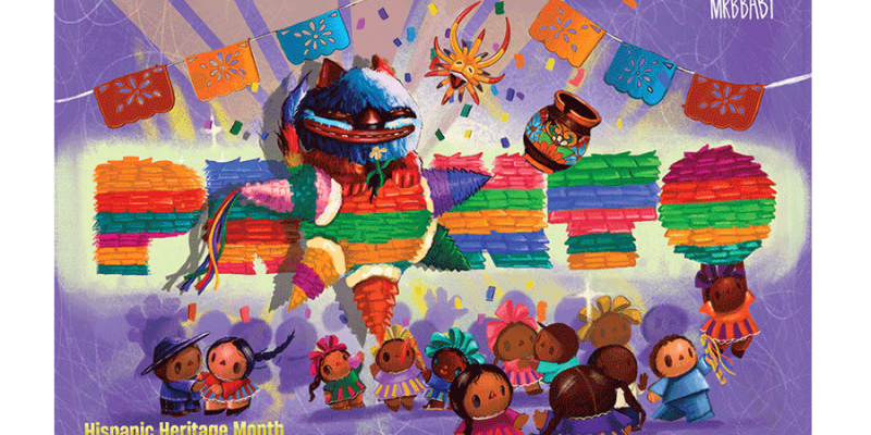 PRONTO card featuring folkloric patterns, a piñata, papel picado banner, and Mexican characters.