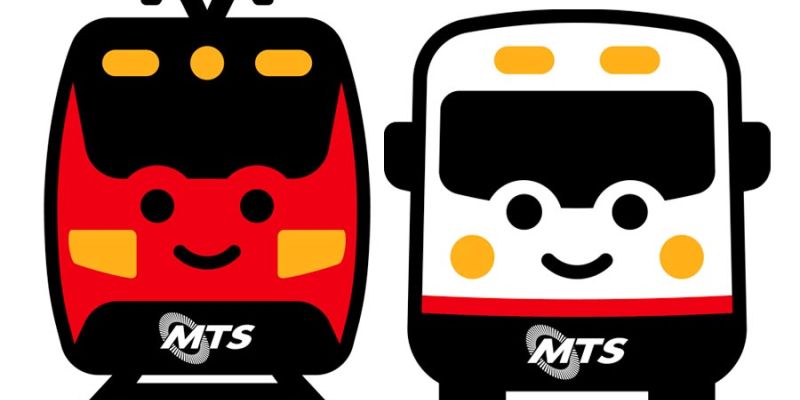 The new MTS mascots feature a cute drawing of a Trolley and Bus with a face