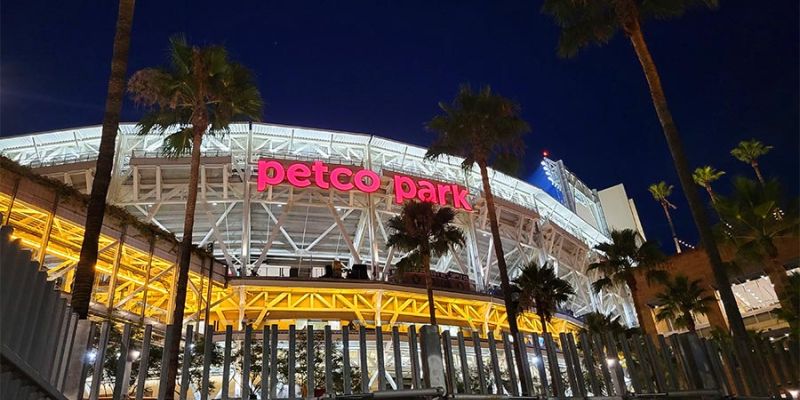 Petco Park stadium lit up at night