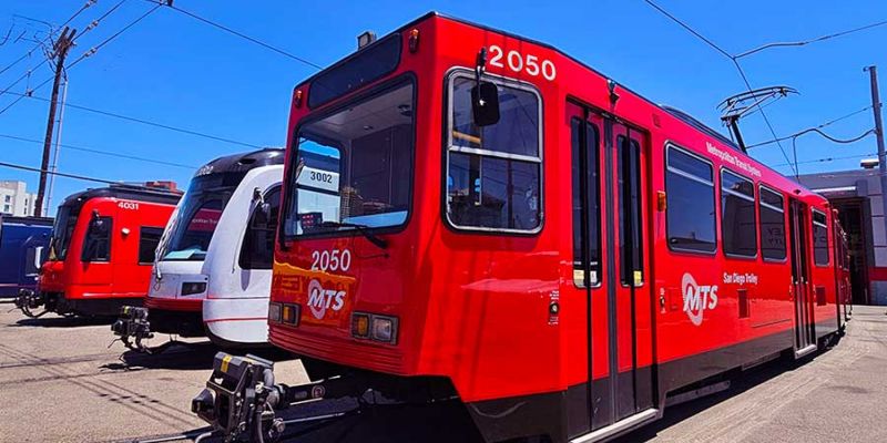 The bright red San Diego Trolley 