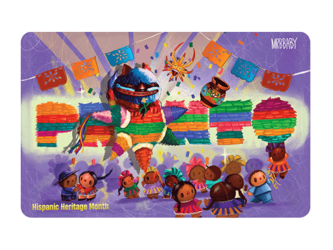 PRONTO card featuring folkloric patterns, a piñata, papel picado banner, and Mexican characters.