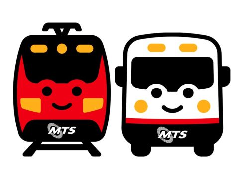 The new MTS mascots feature a cute drawing of a Trolley and Bus with a face