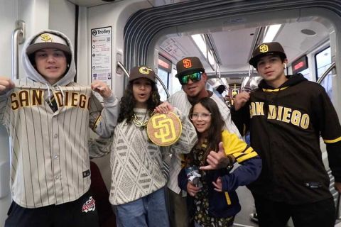 Padres fans on the MTS Trolley