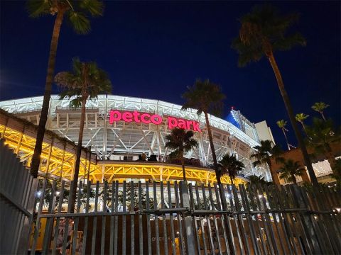 Petco Park stadium lit up at night
