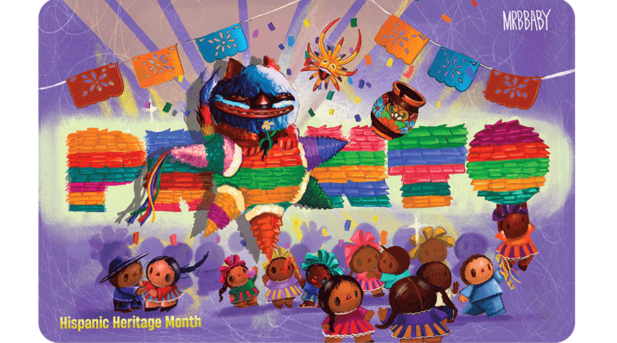 PRONTO card featuring folkloric patterns, a piñata, papel picado banner, and Mexican characters.