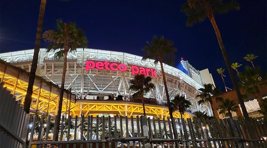 Petco Park stadium lit up at night