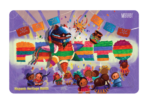 PRONTO card featuring folkloric patterns, a piñata, papel picado banner, and Mexican characters.