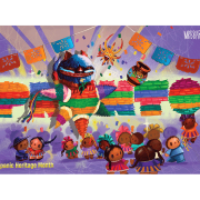 PRONTO card featuring folkloric patterns, a piñata, papel picado banner, and Mexican characters.