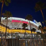 Petco Park stadium lit up at night
