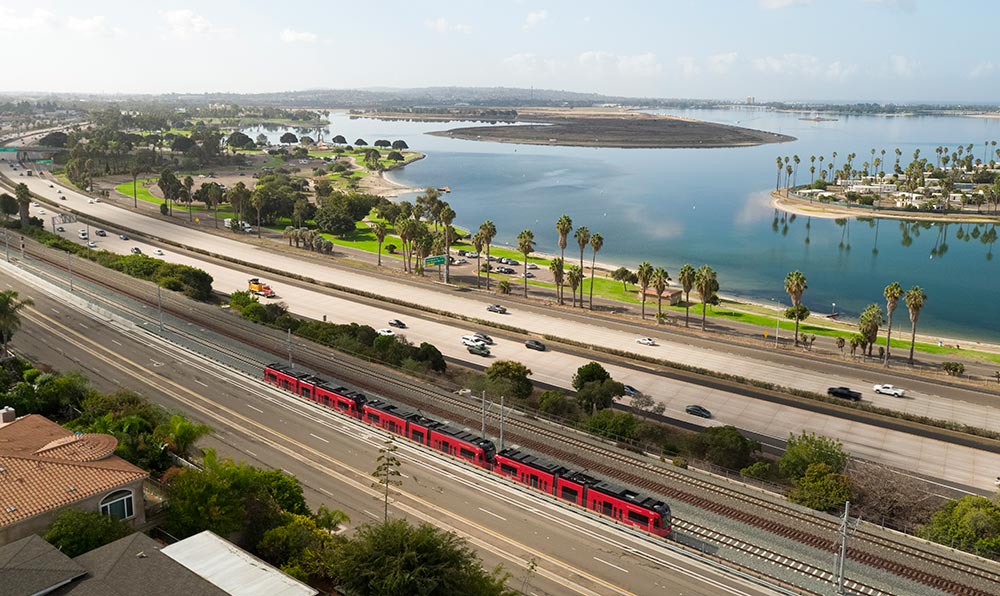 San Diego Trolley passing Mission Bay